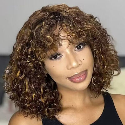 Curly Bob Wig With Bangs Full Machine Made For Women Fringe Wigs Non-Lace Wig