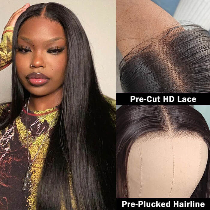 7X5 Pre Cut HD Lace Closure Wigs Deep Part Glueless Straight Human Hair Wigs Put On And Go