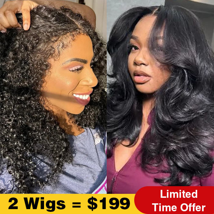 2Wigs $199 | Body Wave Curtain Bangs Wig + 4C Edges Curly Glueless Wig 8x5 Pre Cut HD Lace Wig Flash Sale