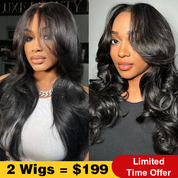 2Wigs $199 | Curtain Bangs Wig 8x5 Pre Cut Lace Glueless Straight & Body Wave Human Hair Wigs Flash Sale