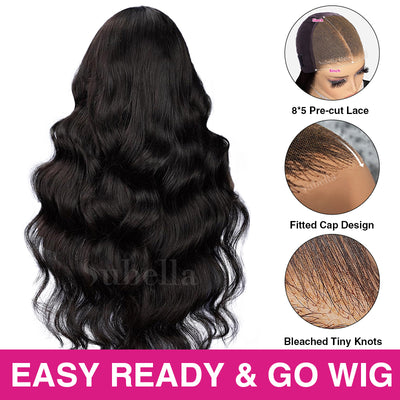 Subella Hair Ready and Go Glueless Wigs Pre Cut 8x5 HD Lace Body Wave Wig Undetectable Lace Closure Pre Bleached Knots Human Hair Wigs