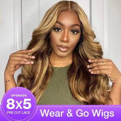 Highlight Wigs #4/27 Straight/Body Wave Upgrade 8x5 Pre Cut HD Lace Put On And Go Glueless Human Hair Wigs