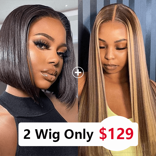 $129 For 2 Wigs 4x4 HD Lace Closure Straight Bob Wig and 4x4 HD Lace Closure Highlight Wigs 4/27 Color Straight Flash Sale
