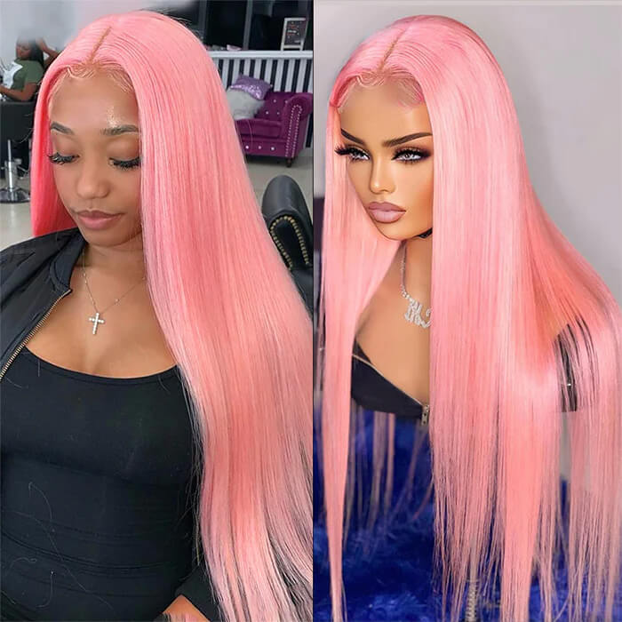 13x4 HD Lace Frontal Human Hair Wigs Straight/Body Wave Pink Color Wig For Women Pre Plucked Bleached Knots
