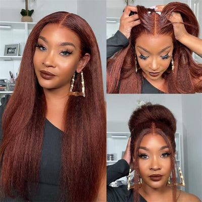 Flash Sale-20Inch Kinky Straight #33 Reddish Brown Color 13x4 Lace Front Wig Glueless Lace wig