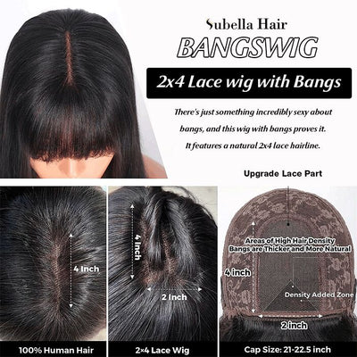Glueless Human Hair Wigs with Bangs Straight Bob 2x4 HD Lace Wigs With Bangs