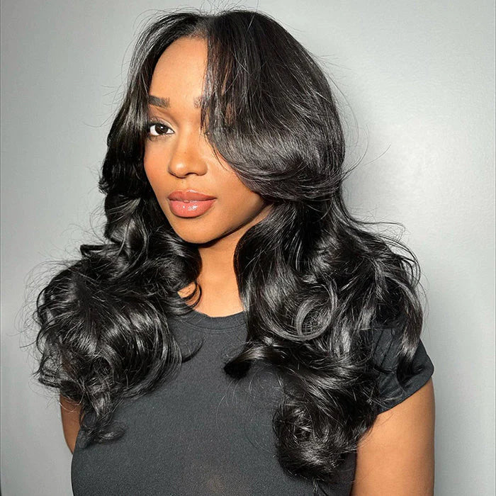 Curtain Bangs Glueless HD Lace Wig Chic Retro Body Wave Human Hair Wigs with Adjustable Strap