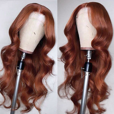 Subella #33 Reddish Brown Auburn 13x4 HD Transparent Lace Front Wig Body Wave Human Hair Colored Wigs