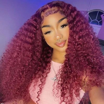 Burgundy 99j Wig Curly Human Hair Colored Wigs HD Transparent Lace Closure Wigs