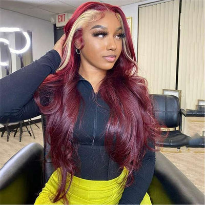 99J Burgundy Skunk Stripe Wig Highlight Blonde Body Wave 13x4 Lace Front Human Hair Wigs