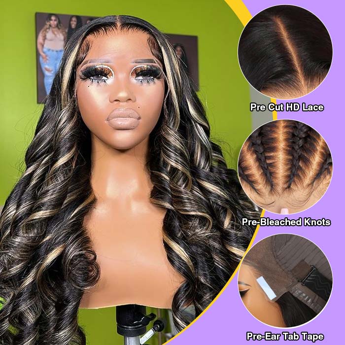 Balayage Pre All Glueless Wig P1B/27 Highlight Blonde Body Wave/Straight Human Hair Wigs 13x4 HD Lace Wig