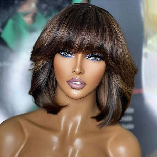Highlight Blonde Bob Wig with Bangs Mix Color Short Straight Human Hair Wigs with Fringe Bangs