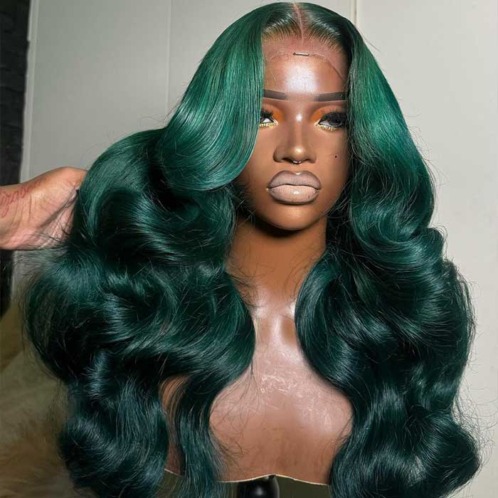 Olive Green Body Wave Curtain Bangs Wig Colored Human Hair HD Lace Front Wig