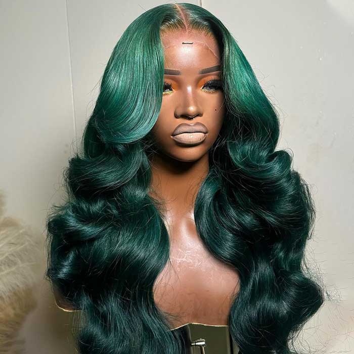Olive Green Body Wave Curtain Bangs Wig Colored Human Hair HD Lace Front Wig