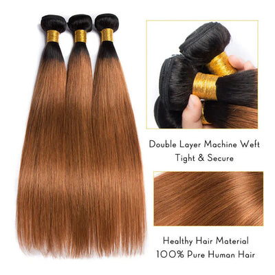 Ombre 1B30 Straight Human Hair 3 Bundles With 4x4 Lace Closure