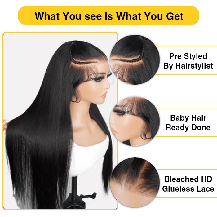 Pre Braided Glueless Wig 13x4 HD Lace Front Straight Human Hair Wigs Pre-All Wig
