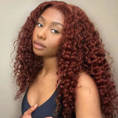 #33 Reddish Brown Auburn Water Wave Human Hair Wig HD Transparent 13x4 Lace Front Wig