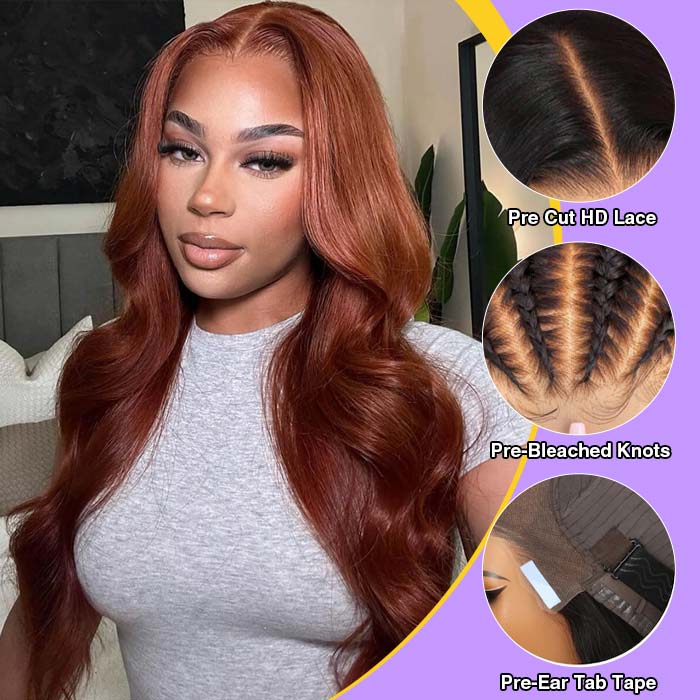 Reddish Brown Body Wave Glueless Wig 13x4 Pre-All HD Lace Front Real Ear To Ear Human Hair Wigs
