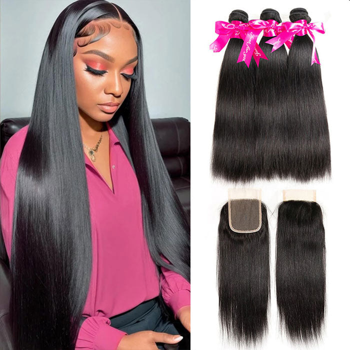 Straight Human Hair 3 Bundles With 4x4 Lace Closure