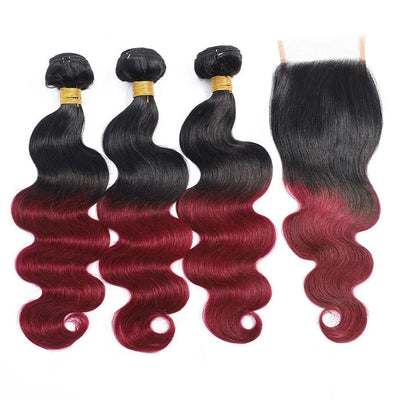 Subella Hair T1B/99j Ombre Body Wave Human Hair 3 Bundles With 4x4 Lace Closure