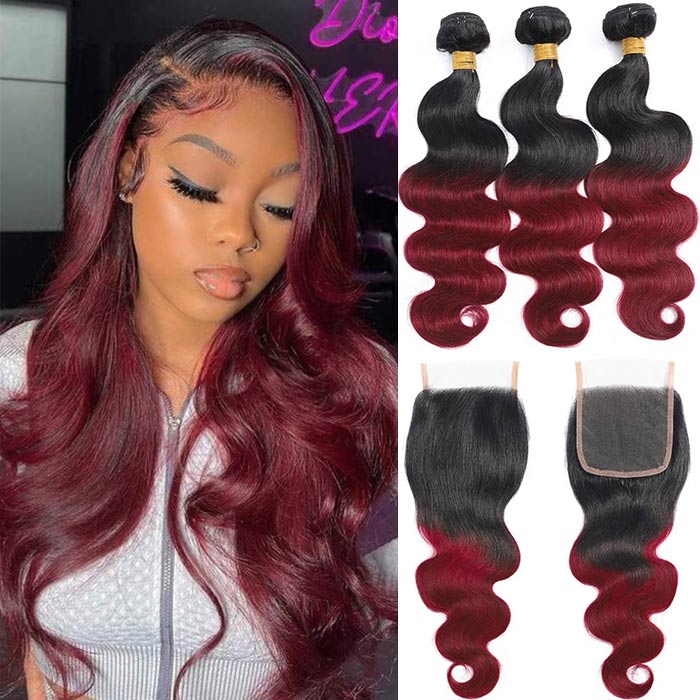 Subella Hair T1B/99j Ombre Body Wave Human Hair 3 Bundles With 4x4 Lace Closure