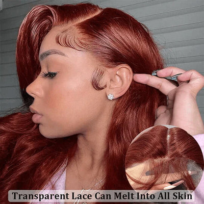 Subella #33 Reddish Brown Auburn 13x4 HD Transparent Lace Front Wig Body Wave Human Hair Colored Wigs