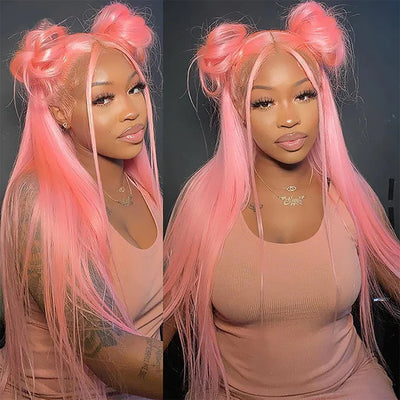 13x4 HD Lace Frontal Human Hair Wigs Straight/Body Wave Pink Color Wig For Women Pre Plucked Bleached Knots