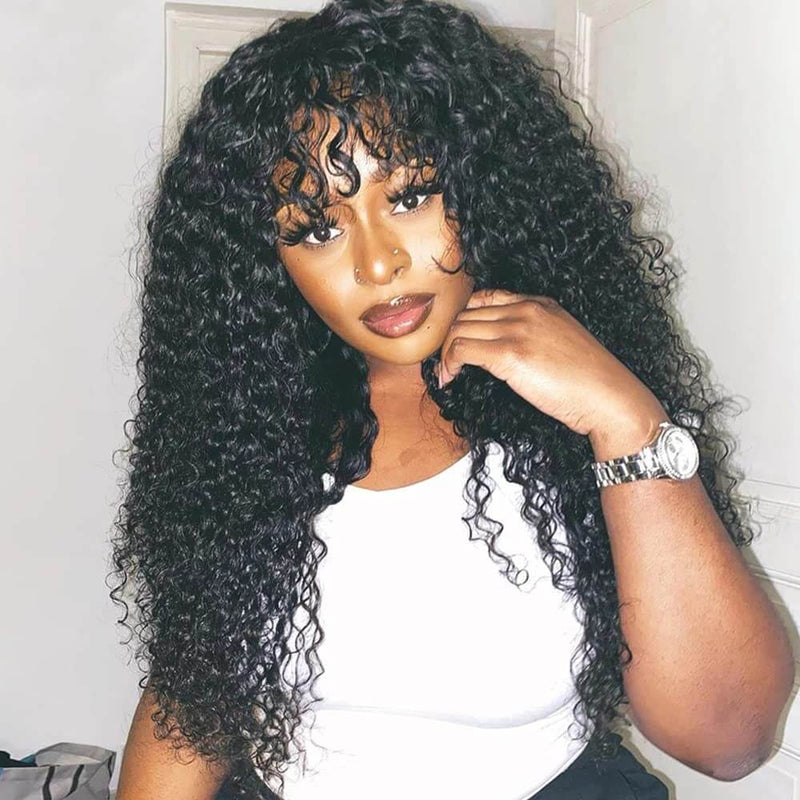 Curly Human Hair Wigs With Bangs Top Lace Front Human Hair Wigs 180% Density