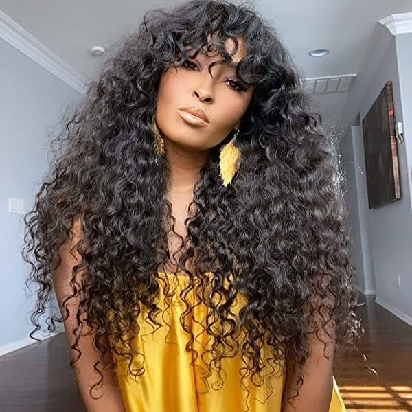 Curly Human Hair Wigs With Bangs Top Lace Front Human Hair Wigs 180% Density