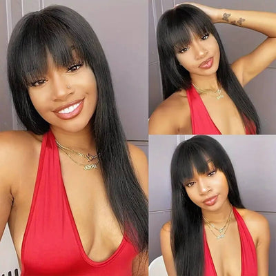 Straight Wig With Bangs Natural Color Top Lace Straight Human Hair Glueless Wig