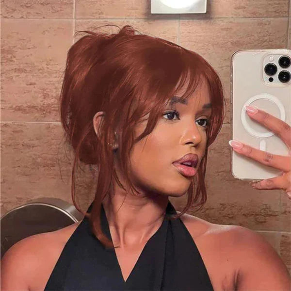 Curtain Bangs Glueless HD Lace Wig Reddish Brown Straight Human Hair Wigs with Adjustable Strap