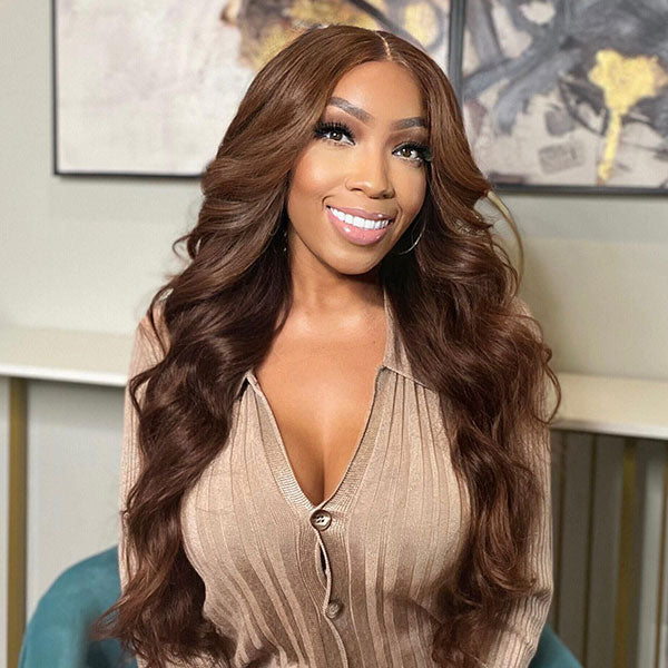 Curtain Bangs Glueless HD Lace Wig Chic Retro Chestnut Brown Body Wave Human Hair Wigs