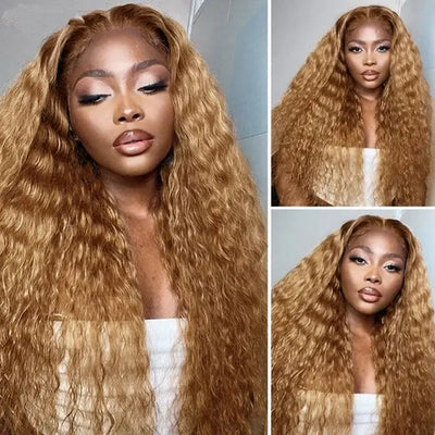 Deep Wave #27 Colored Human Hair Wigs Honey Blonde 13x4 13x6 HD Transparent Lace Frontal Wigs