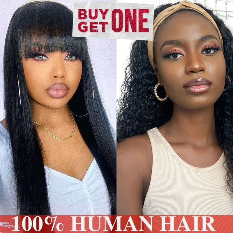 Buy 1 Get 1 Free Straight Wigs With Bangs + Water Wave Headband Wig Flash Sale