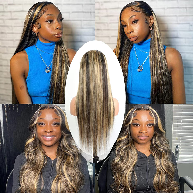 Balayage Highlight Colored HD Transparent 13x4 Lace Frontal Wigs 1B/27 Straight Human Hair Wigs Free Part