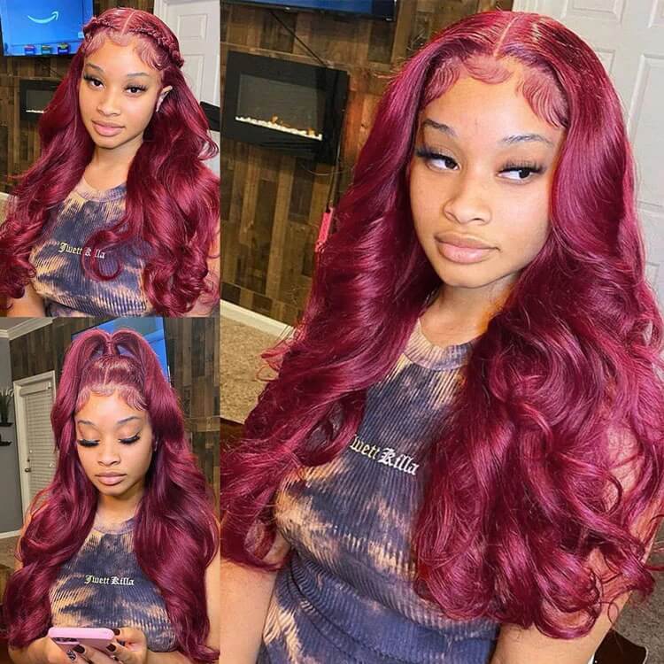 99J Body Wave 13x4 Burgundy HD Lace Front Pre Plucked Colored Human Hair Wigs for Women