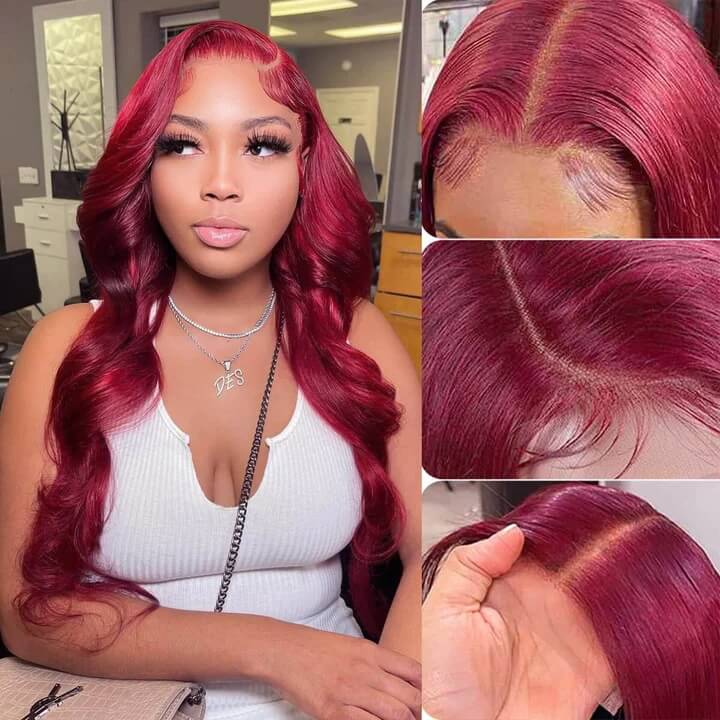 99J Body Wave 13x4 Burgundy HD Lace Front Pre Plucked Colored Human Hair Wigs for Women