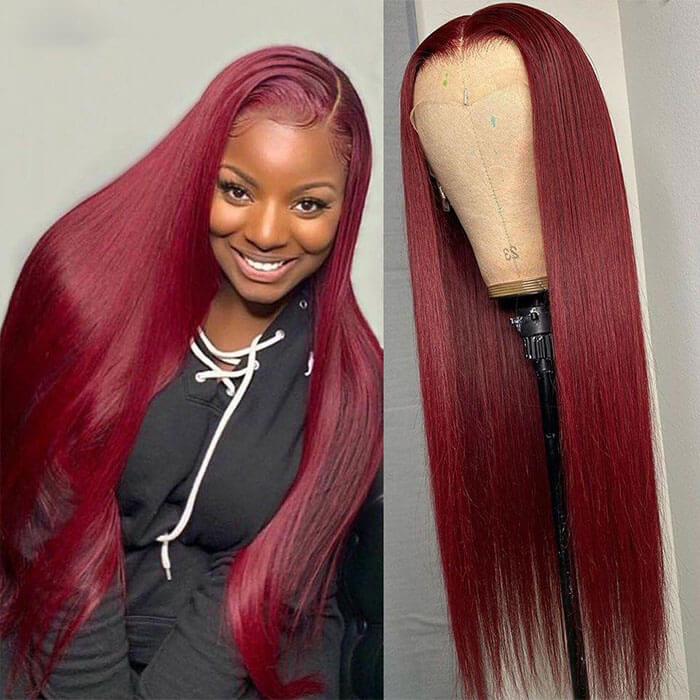99J Straight 13x4 Burgundy HD Transparent Lace Front Pre Plucked Colored Human Hair Wigs for Women