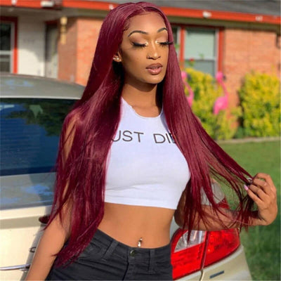 99J Straight 13x4 Burgundy HD Transparent Lace Front Pre Plucked Colored Human Hair Wigs for Women