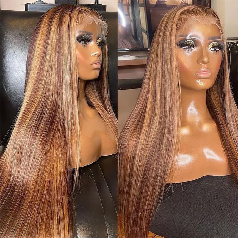 4/27 Honey Blonde Highlight HD Transparent Lace Front Wigs Ombre Color Straight Human Hair Wigs