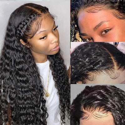 Deep Wave HD Transparent Lace Front Wig Pre Plucked Natural Hairline 100% Human Virgin Hair Wigs