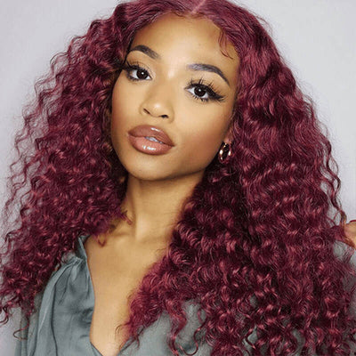 Deep Wave 4x4 HD Lace Closure Wigs Burgundy 99J Color Human Hair Wigs With Pre-plucked Hairline