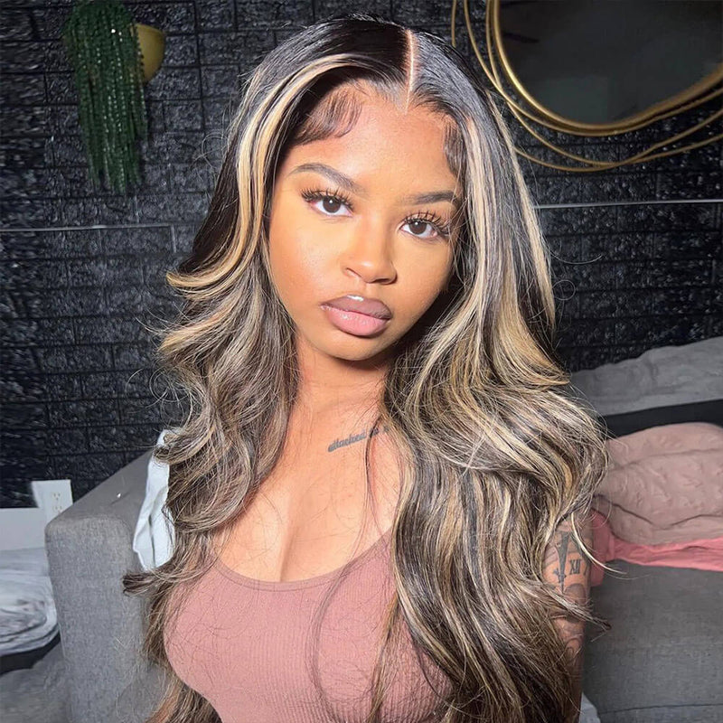 Balayage Highlight Hair HD 4x4 Transparent Lace Closure Human Hair Wigs Pre Plucked Honey Blonde Brown Wigs With Baby Hair