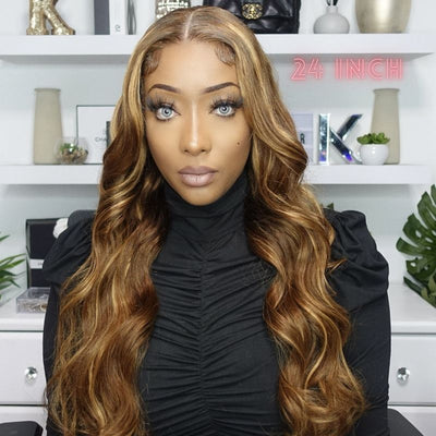 Ombre Highlight Wigs 13x4 Lace Front Wigs Human Hair Body Wave Wigs #4/27 Glueless Wigs