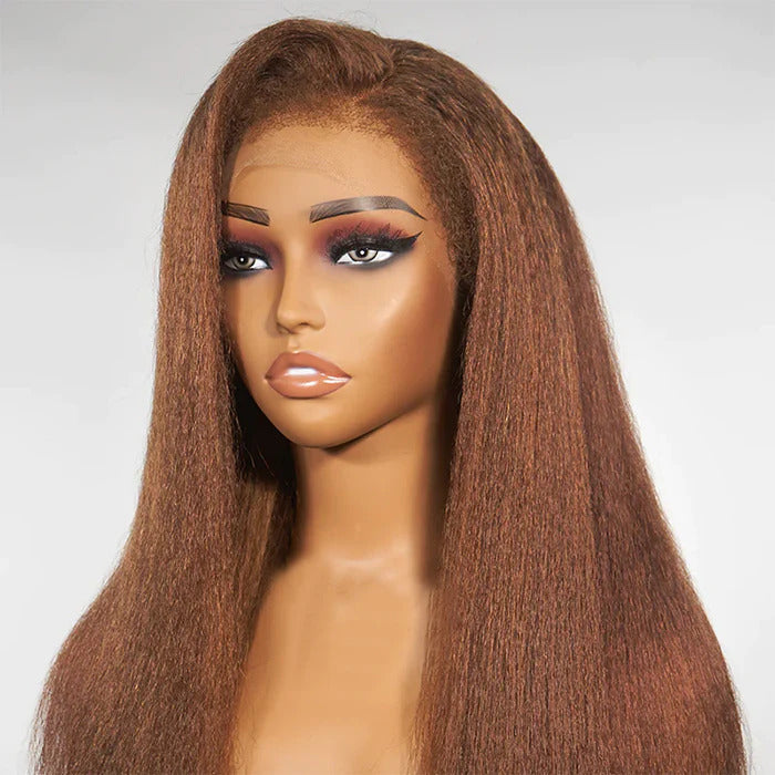 4C Edges Kinky Straight Chotolate Brown Human Hair Wig HD Lace Front Glueless Wig