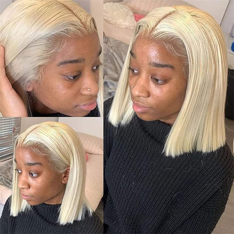 613 Blonde Straight Human Hair HD Transparent 13x4 Lace Front Short Bob Wigs