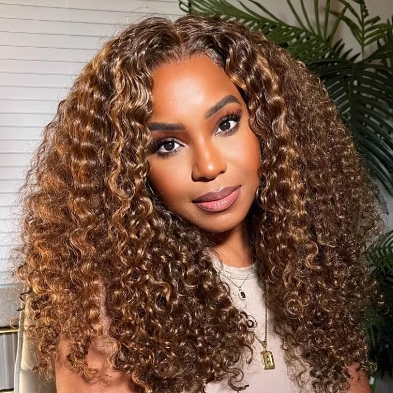 Curly Wigs 4/27 Brown Colored Highlight 4x4 HD Transparent Lace Closure Wig