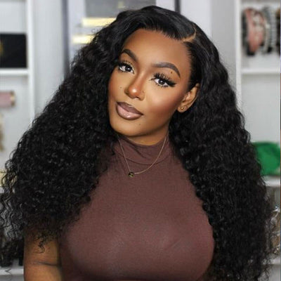 Subella 4x4 HD Transparent Lace Closure Human Hair Curly Wigs Pre Plucked Natural Black Color 180% Density