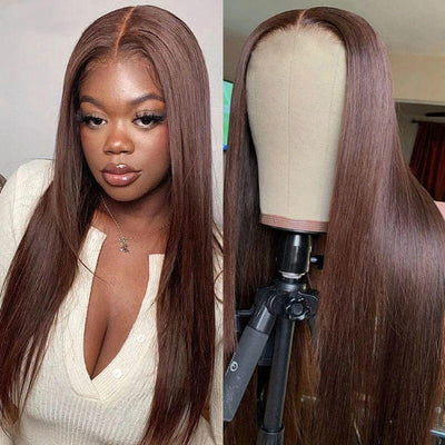Dark Brown Colored Wigs Straight Hair Brown Human Hair Wig HD Transparent 4x4 Lace Closure Wig