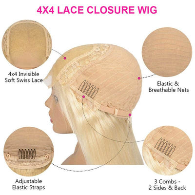 613 Blonde Wig Straight  Wig 4x4 Lace Closure Wig HD Transparent Lace Wig